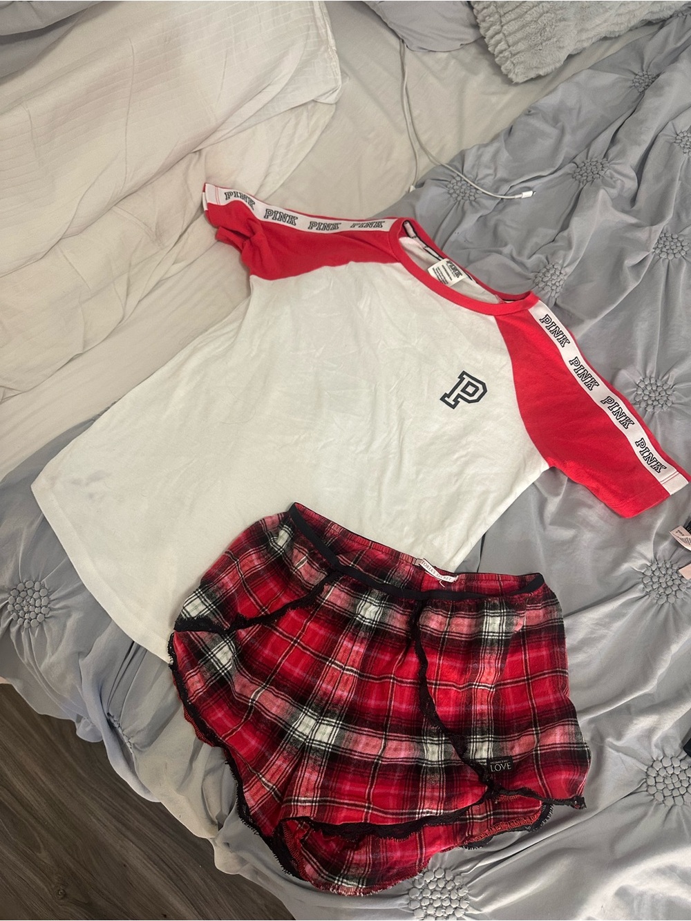 PINK Victoria's Secret White & Red Raglan Top with Red Plaid Shorts Pajama Set